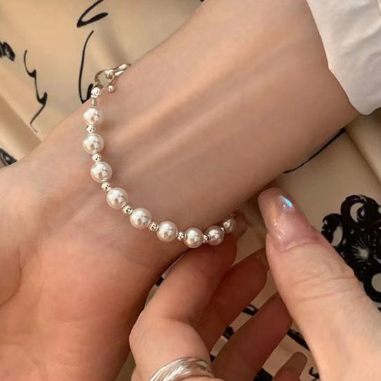 Beaded Bangle Bracelet for Women Silver Faux Pearl Cuff Bracelet Jewelry Gift for Mother's Day Wedding Anniversary