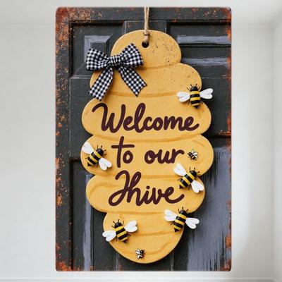 Rustikales Willkommen in unserem Bienenstock Bienenstock Holzschild mit Bienen & Kariertem Band Metallblechschild für Imkerei Haus Garten Café Dekoration