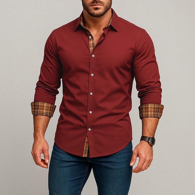 Herren Frühling und Sommer Neue Mode Kariertes Hemd mit kontrastierenden Nähten Langarm Vielseitig Lässig