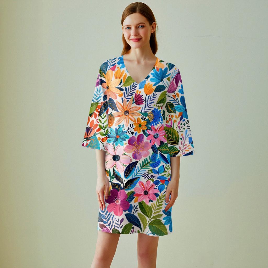 Damen Casual V-Ausschnitt 3/4 Ärmel Vintage Blumendruck Top