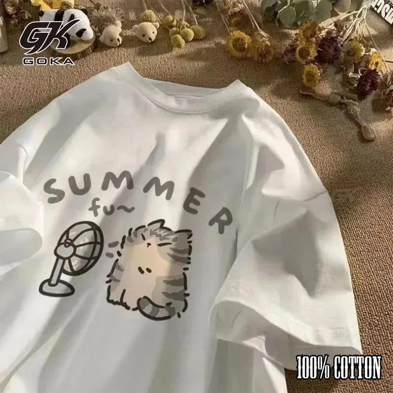 2024 Vintage Fan Cat and Women Cotton Printed Anime Funny Men T-Shirt Hip Hop Fashion Casual Plus Size Y2k Men's T Shirts Tops