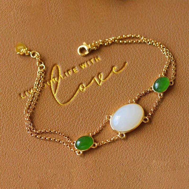 

Vintage Green Zircon Cabochon Bracelet With Faux Hetian Jade 17+3CM Adjustable Chain