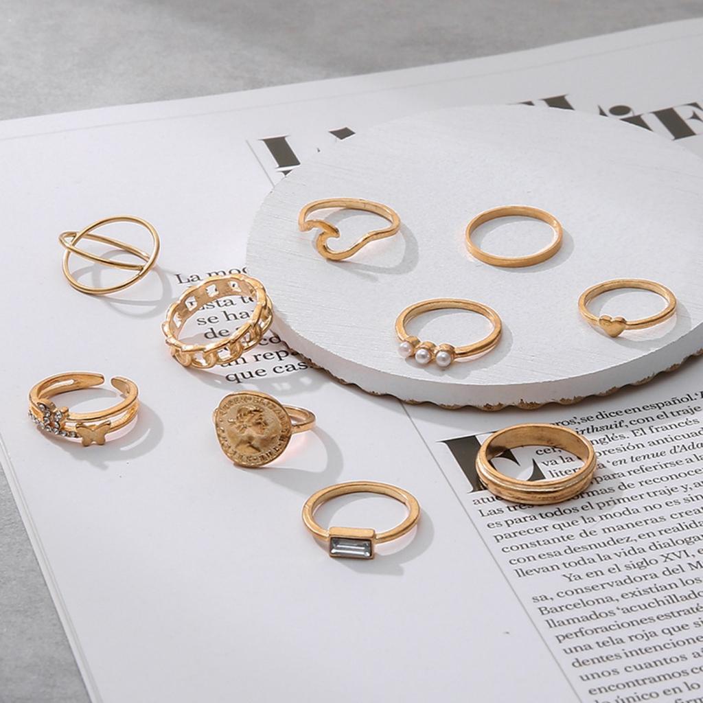 10-Piece Female Ring Set with Zirconium Butterfly Love Artificial Pearl Joint Stacked Ring Set