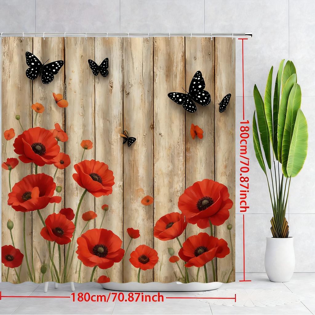 Vintage Pink Roses & White Butterflies On Rustic Wooden Planks Waterproof Shower Curtain For Bathroom Decor