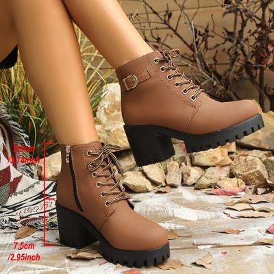 2025 New Spring Winter Women Pumps Boots High Quality Lace-up European Ladies Shoes Round Toe Thick Heel PU High Heels Boots