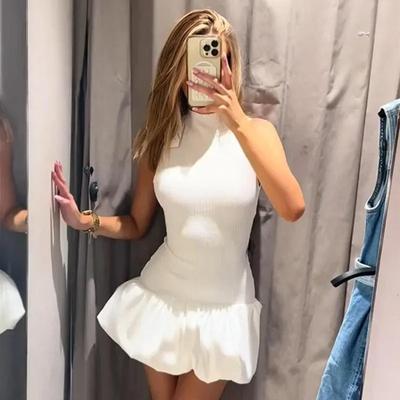 Robe mini en tricot sexy pour femmes, élégante, dos nu, sans manches, bouffantes, pour femmes, printemps, été, fête, mode, robe courte blanche, 2024