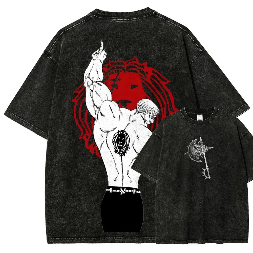 

Japan Hotblooed Anime Seven Deadly Sins Escanor Graphic Print Tshirt Unisex Women Fashion Vintage Washed Cotton Tee Oversized Top 2XL