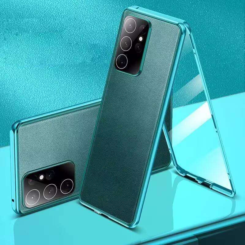 Etui na Samsunga Galaxy S24 S23 S22 Ultra, Aluminiowy Zderzak z Bokami z Hartowanego Szkła i Skórzanym Tyłem, Zderzaki na Telefon