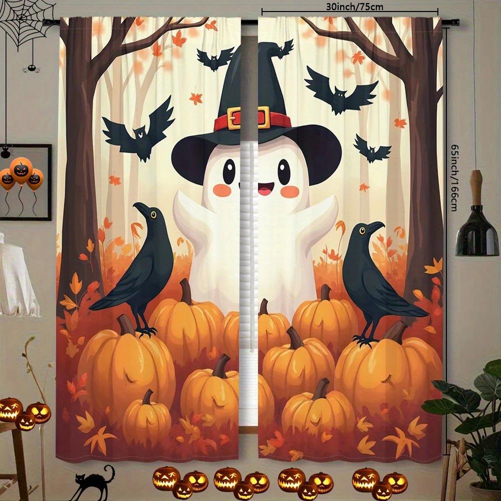 

2 шт. - Хэллоуинские мультяшные шторы с принтом тыквы Призрак , с кулиской для карниза, домашние украшения, украшения для комнаты 29Wx64L(75x166CM)x2