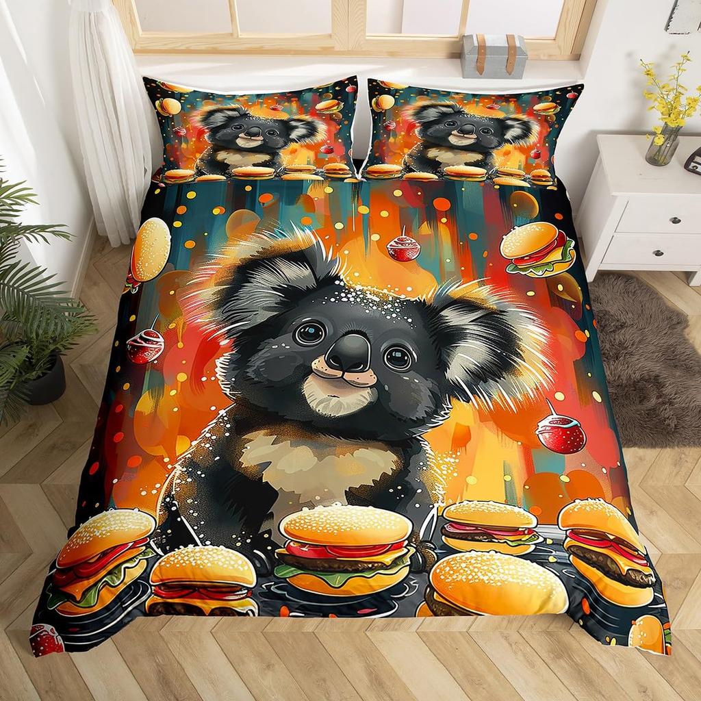 Kids Koala Duvet Cover Set, Blooming Floral Branch With A Bear Comforter Cover, Palm Tree Leaf Wildlife Cartoon Bedding Set,Twin