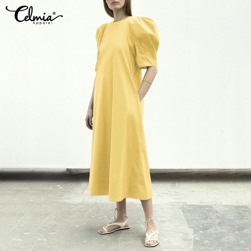 

Celmia Лето Женский Пуф Короткие Рукава Макси Платье Сплошной Цвет