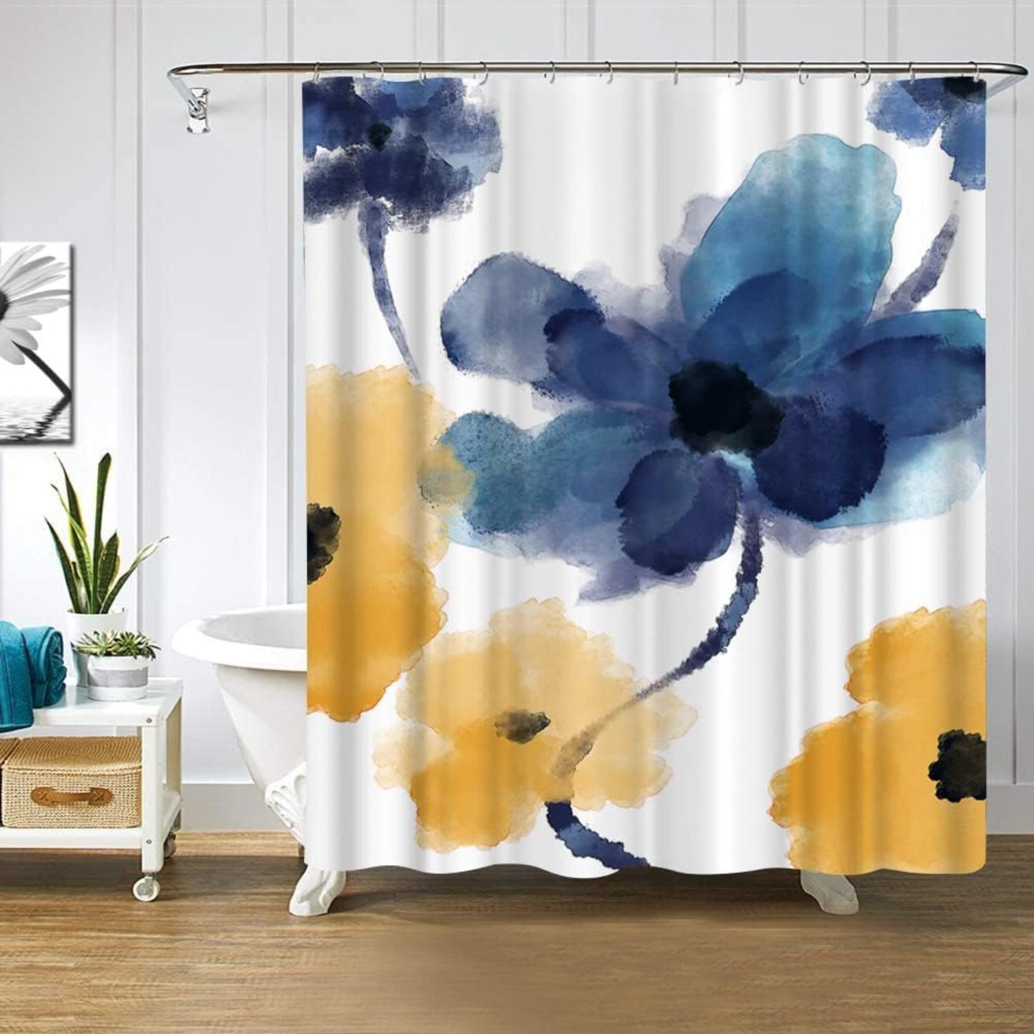 

Floral Shower Curtain Set - Vibrant Blue & Yellow Watercolor Design,All-Season Bath Decor, Includes 12 Hooks For Easy Hanging W60H190(CM)-1 Pcs