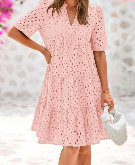 2026 Short Sleeve Women's Beach Vacation Skirt French V-Neck Hollow Lace Dress High-end A-shaped Dress
