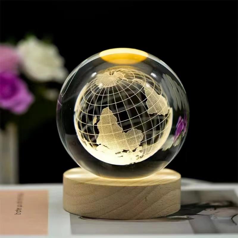 Crystal Ball With Wood Stand Laser Engraved 6CM Glass LED Crystal Ball Souvenir Gifts Home Decor Star Moon Night Light