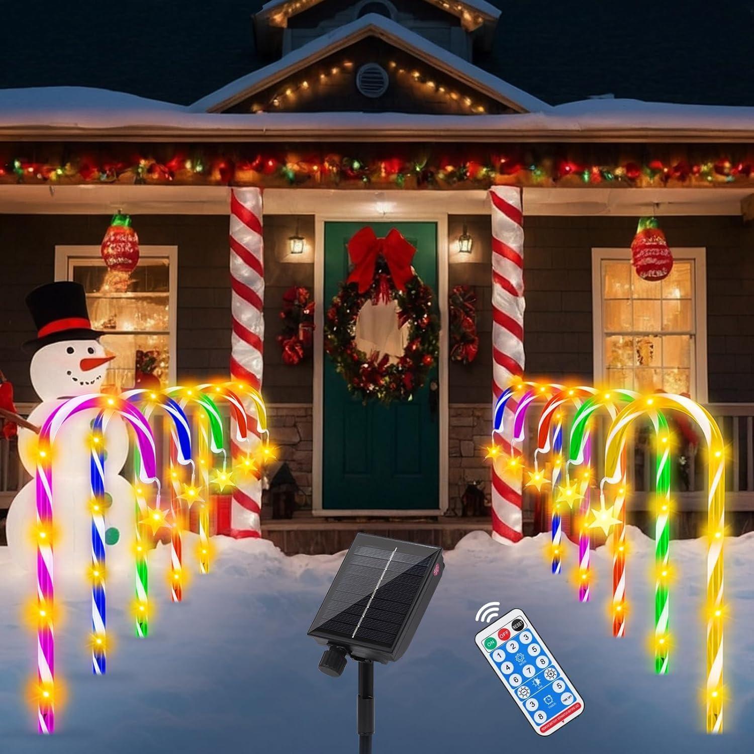 

10-Pack Solar Candy Cane Lights 21in - Waterproof Outdoor Xmas Decor w/ Remote for Pathway/Driveway (Multi-Color)