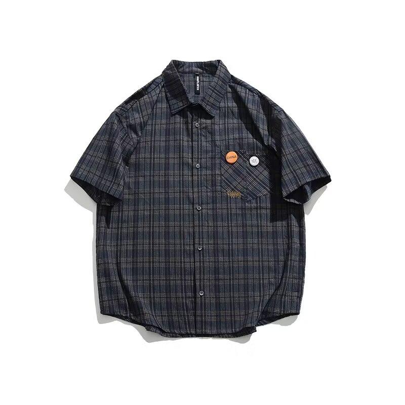 Checkered Striped Summer Thin Collar Short Sleeved Shirt Casual Loose Men'S And Women'S Five Quarter Sleeve Trendy Brand Shirt