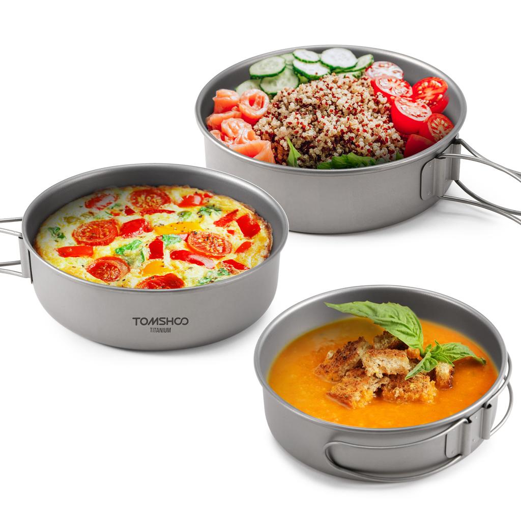 TOMSHOO 3pcs Titanium Bowls Set Ultralight Titanium Dinner Bowl Pan with Foldable Handles for