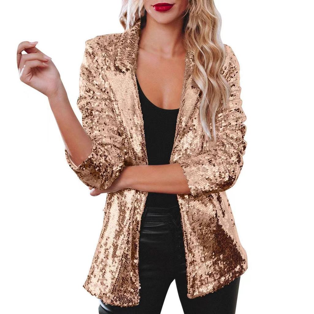 Blazer da Donna con Paillettes, Rever a Tacca e Manica a 3/4