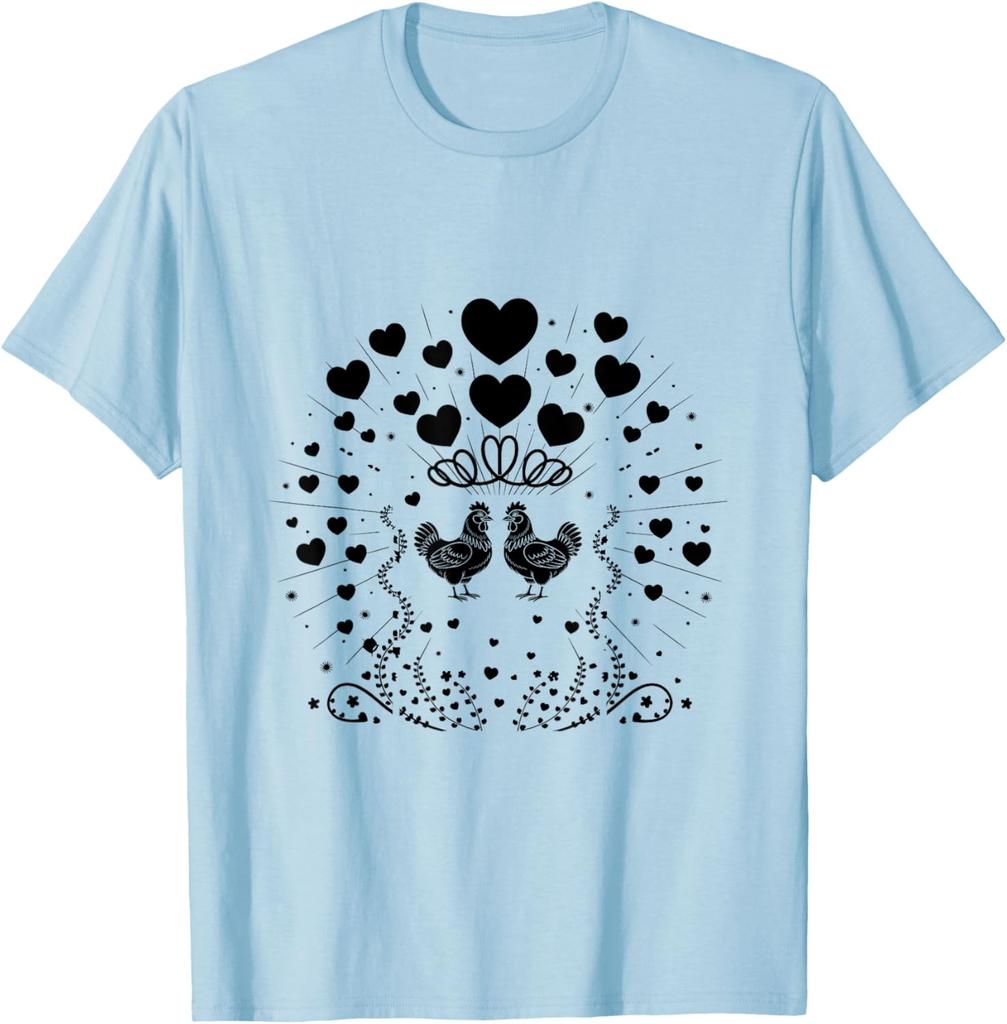 Chicken Couple Hearts Valentine Farm Animal Graphic Tee Soft Cotton Casual Daily T-Shirt