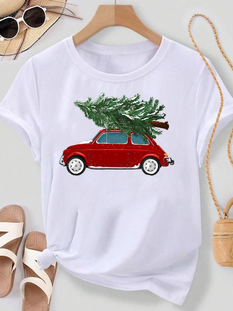 (Asian Size) Lovely Watercolor Cute Merry Christmas New Year Women's Top T Tee Festival O-neck Clothing Print Fashion Ladies Graphic T-shirts