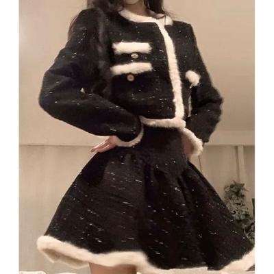 Vintage Black 2 Piece Set Skirt Woman Autumn Warm Kawaii Crop Top Coat Elegant Slim Mini Skirt Party Korea Fashion Clothing 2024