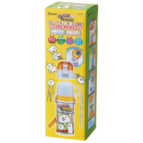 Skater Kids' Stainless Steel Water Bottle, 2-Way Design, 420ml (Direct Drinking) or 350ml (Cup Drinking), The Battle Cats 23 Design, Kid-Friendly, Lig