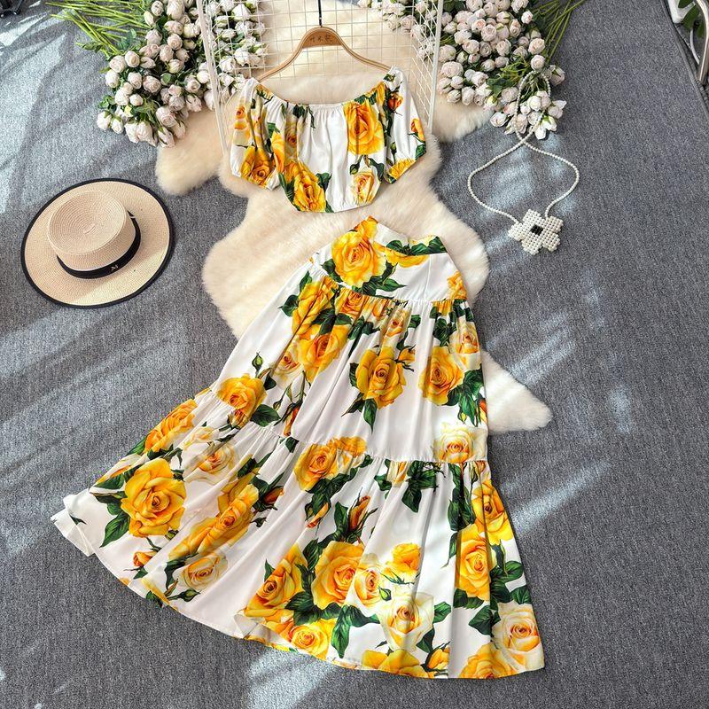 

2024 Socialite Women s Clothes Sexy Tube Top Temperament Printed Tops + High Waist Slim Looking Big Hem Skirt Two-piece Set Yellow flowers on white background L