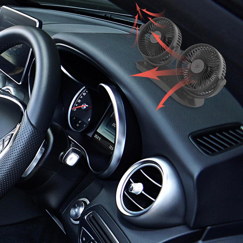 Portable Car Fan Double Head USB Desk Fan Strong Wind 360-Degree Rotation Cooling Air Circulator Dashboard Accessories For SUVs