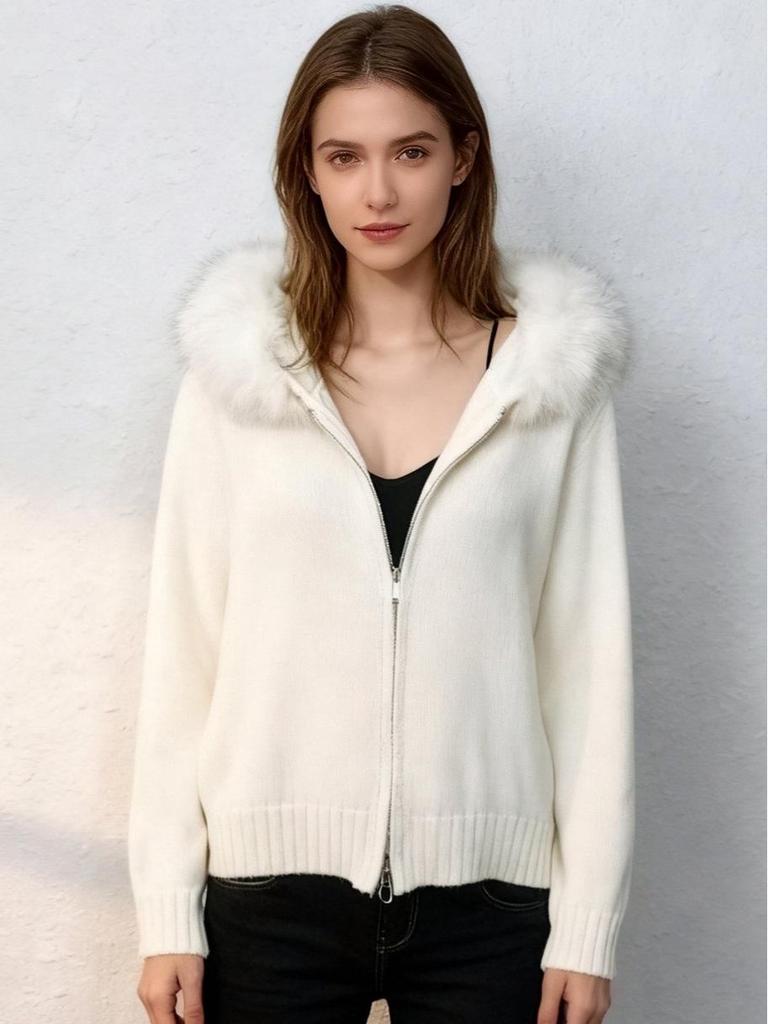 Cardigan Corto Donna in Maglia con Collo in Eco-pelliccia - Cappotto Maglione alla Moda con Cappuccio Autunno/Inverno