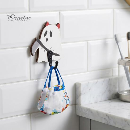 Small Bag Hanger for Bathroom Halloween Themed Wall Hook, Decorative Ghost Pattern Key Hanger, Self Easy Install Adhesive Hook Backing Wood
