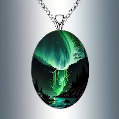 Pendant Elegant Northern Lights Oval, Landscape Vintage Necklace