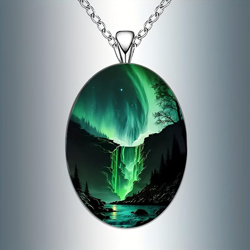 Кулон Элегантное Северное сияние Овал, Пейзажное Винтажное Ожерелье 50CM