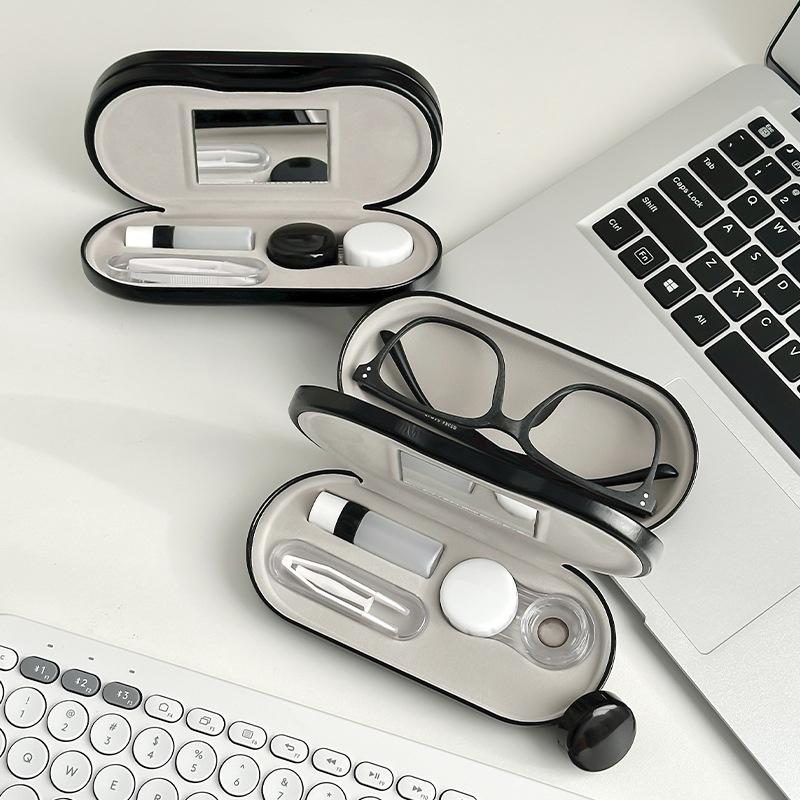 2 in 1 Doppelschichtige Brillenbox Kontaktlinsenbehälter Für Männer Frauen Kreative Duale Nutzung Brillenetui Brillen Lederbox Unisex Geschenk