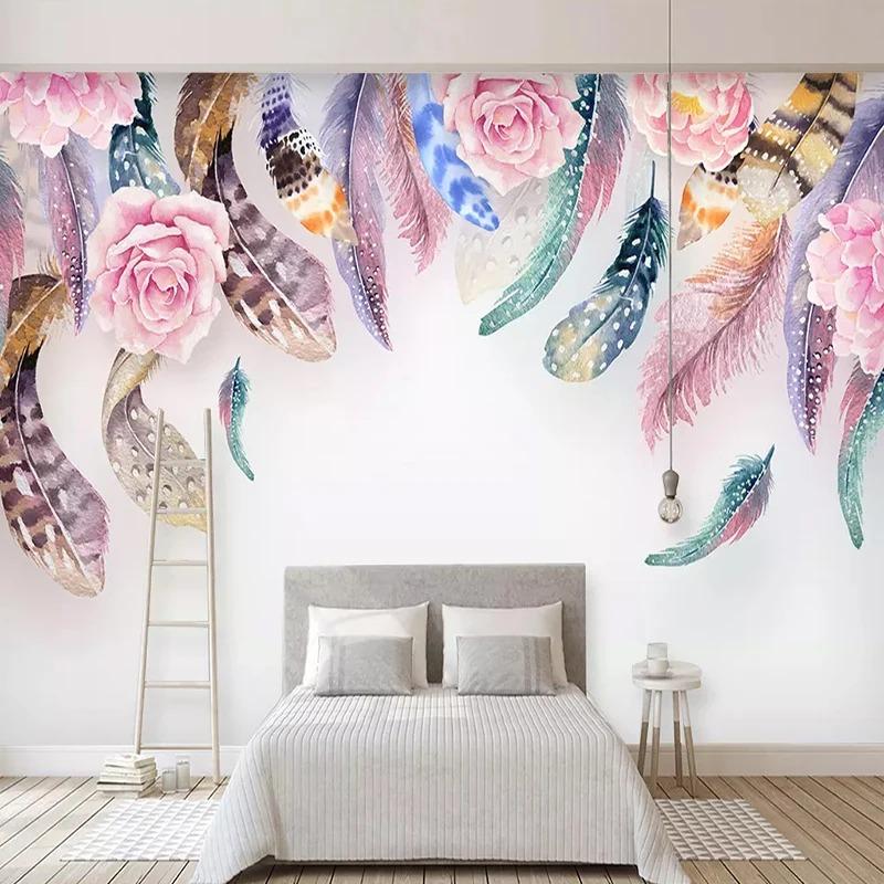Carta da parati fotografica moderna Murales piuma dipinti a mano Moda Stile nordico Soggiorno Camera da letto Parete di fondo Murales