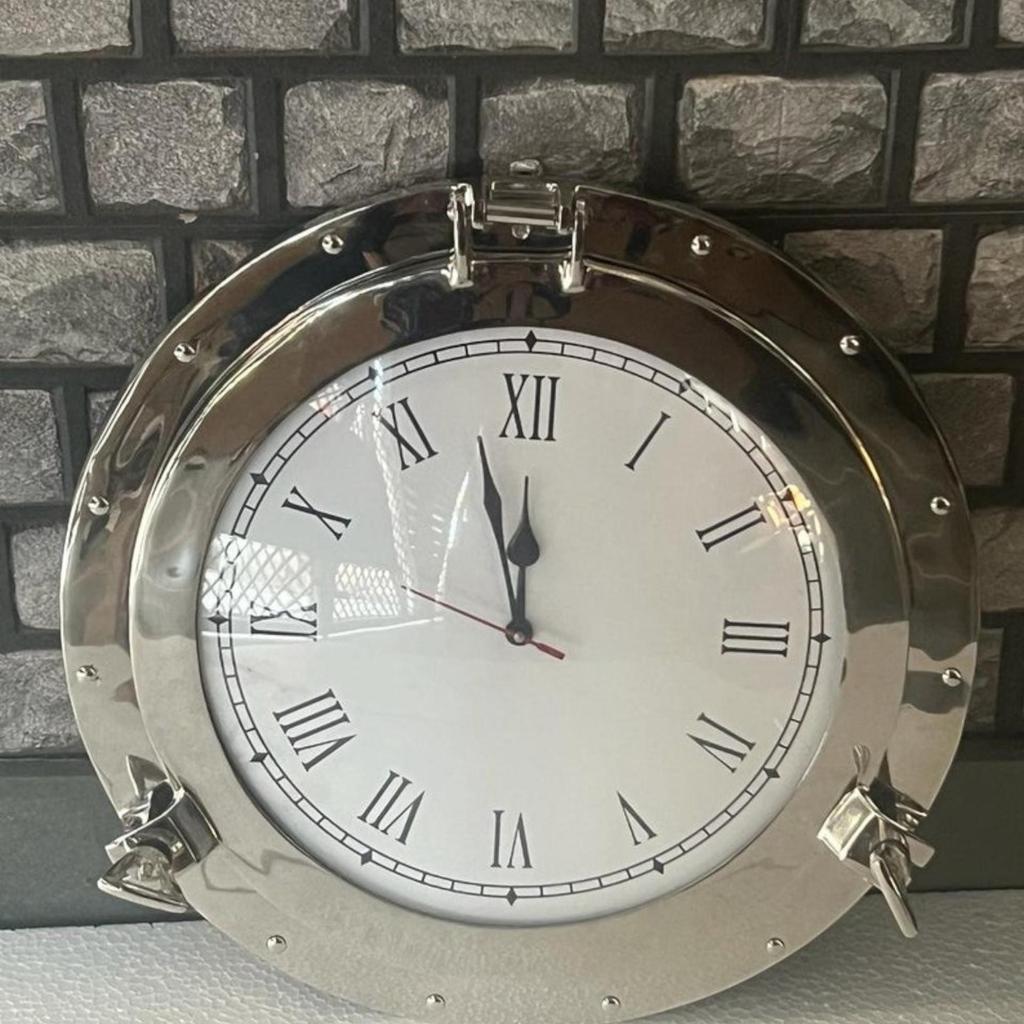 12-Inch Brass Antique Ship Porthole Clock - Nautical Marine Timepiece - Silent Analog Battery Quartz Wall Decor for Home & Office