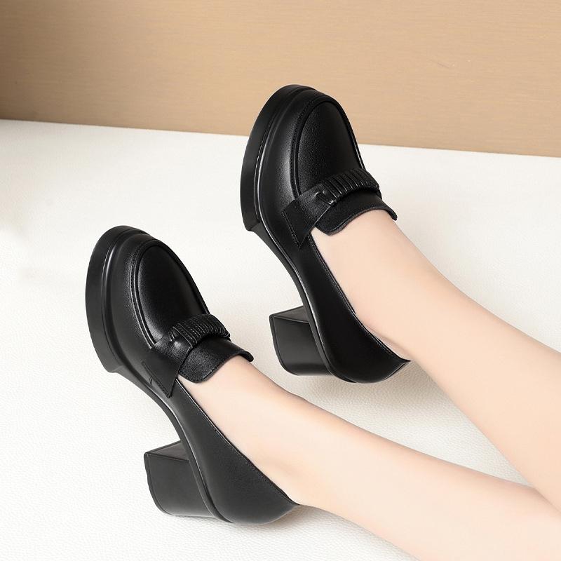 

Модные туфли на высоком каблуке Весна Новые Толстые каблуки Туфли для мамы Туфли-лодочки для женщин Толстая подошва Этикет для приема Кожаные туфли 36