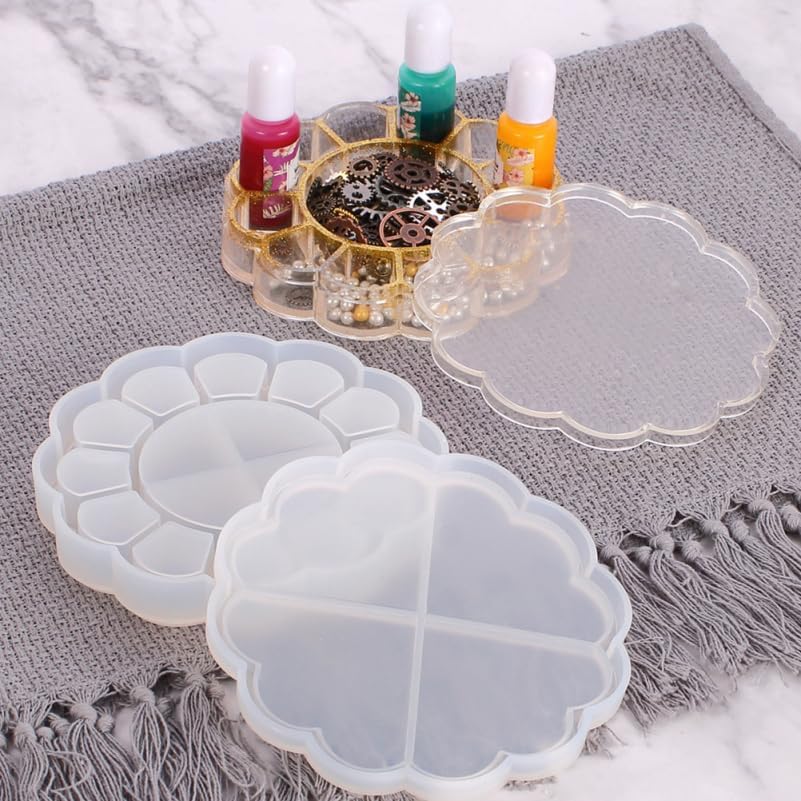 STOBOK DIY Silicone Flower Lace Storage Box Mold with Lid, Epoxy Resin Art Crafts Mold for Jewelry, Candle Holder, Beads Container, 5.15 X 5.15 X