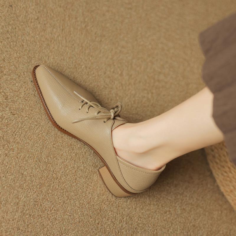 Mode 2025 Nya Klassiska Dam Pumps Vår Höst Kontor Damer Casual Hög Klack Bekväma Äkta Läder Snörskor Svarta Skor Kvinna