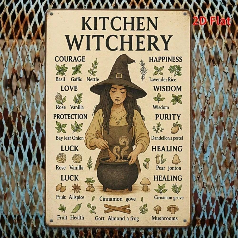 Vintage Easter Witch Metal Plaque 8x12, Rustic Kitchen Witchery Sign, Herbalism Symbols, 2D Flat Wall Decor