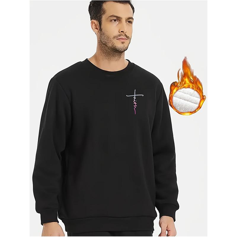 Men s Gray Faith Cross Letter Print Fleece Lined Crew Neck Long Sleeve Sweatshirt S