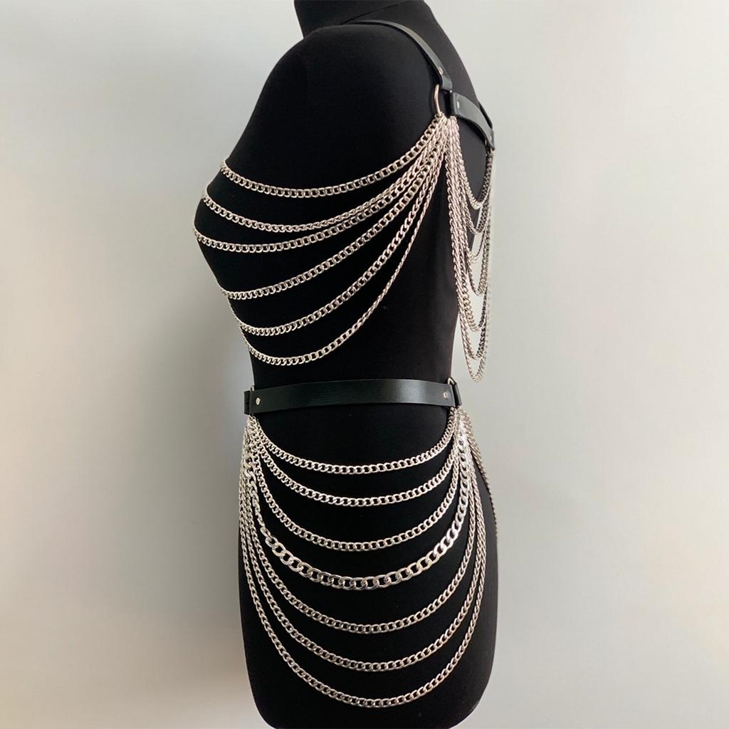 Fashion Body Chain Set: Leather belt paired with cage-style chest harness accessory, perfectly complements  carnival outfits