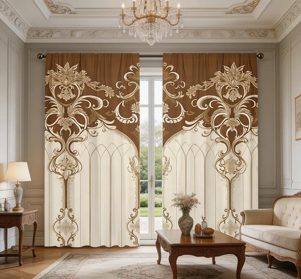 2PCS Digital Printed Curtains, Beige Brown Palace Damask Luxury Classic, Rod Pocket Window Drapes for Living Room Bedroom Decor
