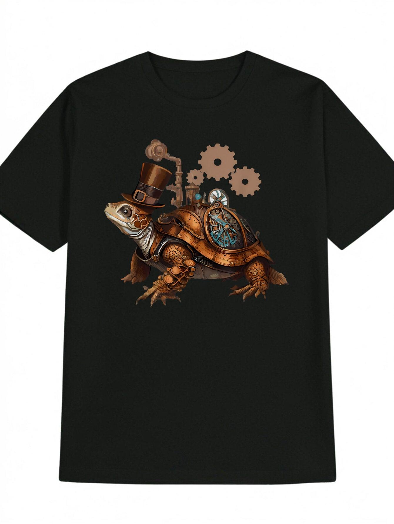 Steampunk Turtle Graphic T-shirt - Brown & Golden Mechanical Design with Gears XXXXL