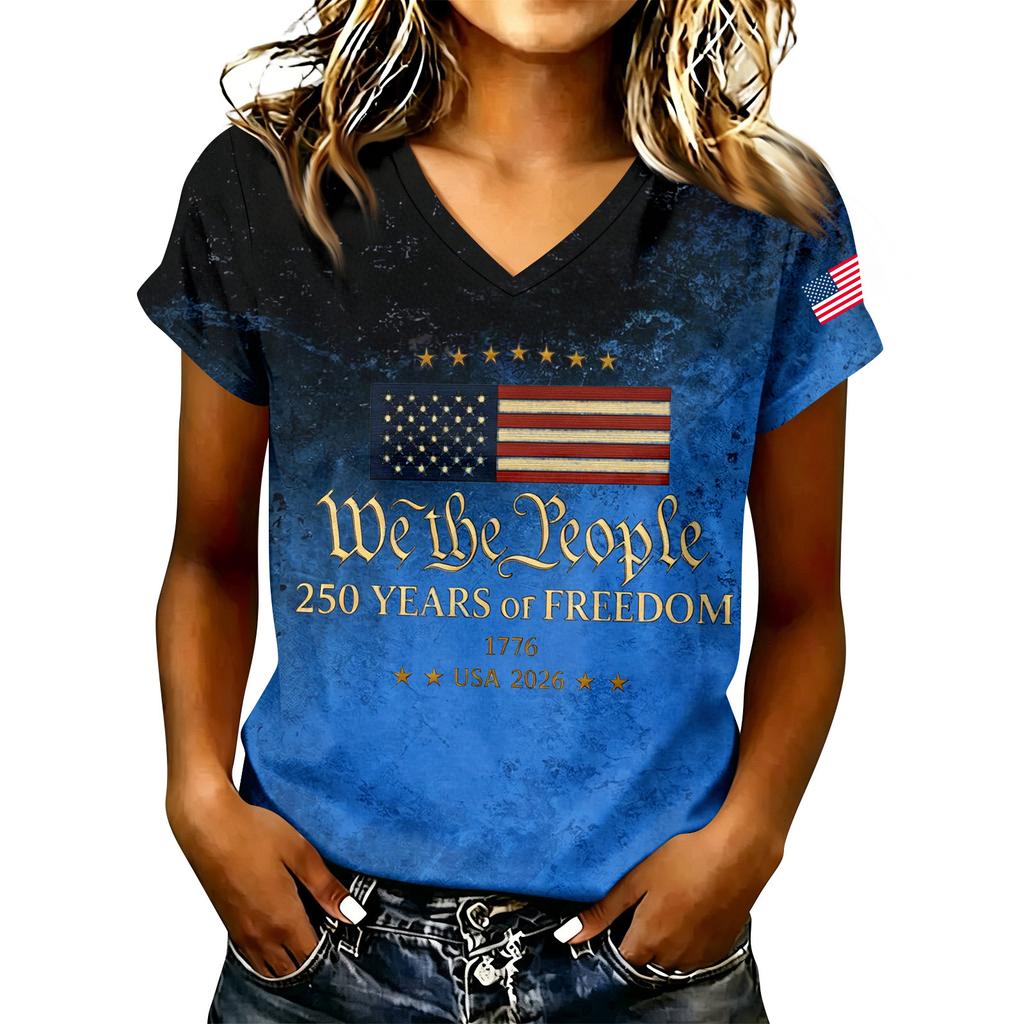 Women's V-Neck Short Sleeve T-Shirt - Anniversary 1776-2026 Letter Print, Casual Summer Top Tee