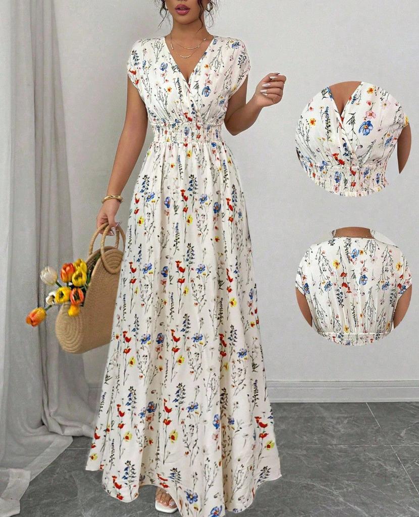 Floral Print V Neck Long Dress With Belt For Summer Casual Womens Wear