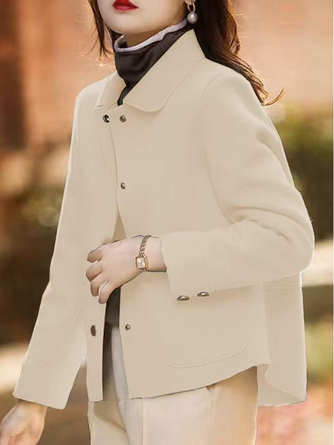 Evropský a americký dámský oboustranný vlněný kabát s klopovým límcem a kovovými knoflíky, dlouhý rukáv, krátký styl, kolekce 2025.