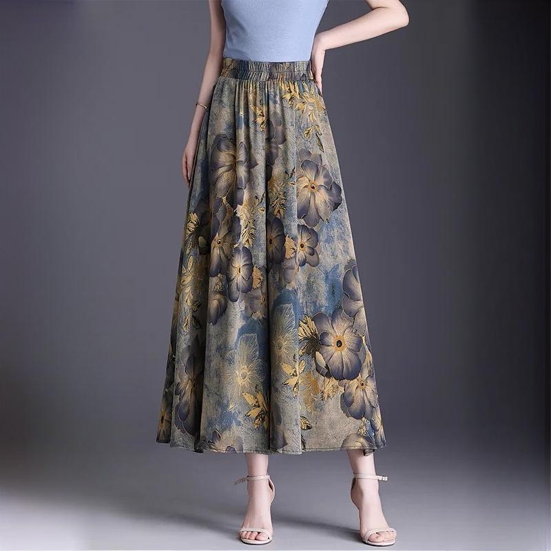 Women's High Waist Floral Printed Wide Leg Culottes Summer Thin Nine Length Large Swing Casual Skirt Pants With Side Pockets For Plus Size