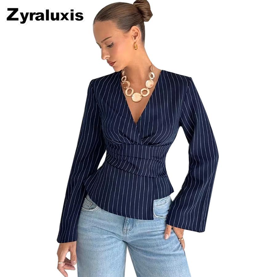 Women s Fashion Striped V-Neck Shirt Long Sleeve Oversized Fit Blouse S