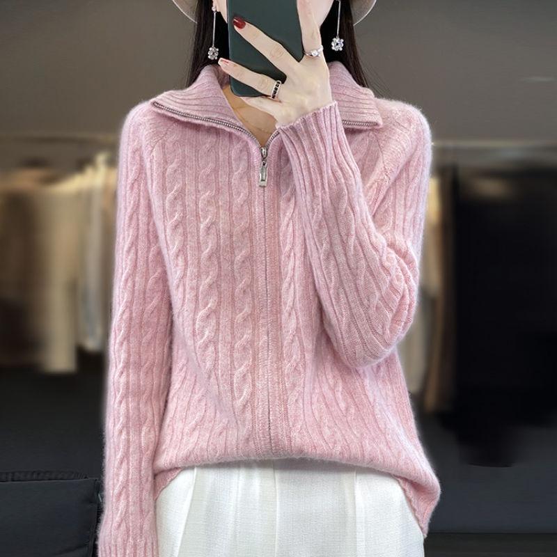 

Autumn Winter Women s Stand Collar Cardigan Sweater Zipper Cable Knit Sweater Loose Solid Color Knitted Cardigan Jacket Outerwear L розовый