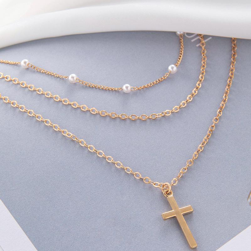Simple Niche Design Cross Collarbone Chain Neck Chain Geometric Imitation Pearl Retro Stacked Necklace